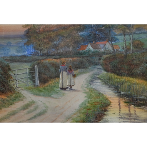669 - George Oyston (1861-1937) - Mother and daughter walking home at sunset, watercolour, signed lower le... 