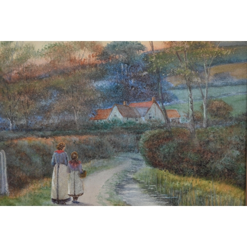 669 - George Oyston (1861-1937) - Mother and daughter walking home at sunset, watercolour, signed lower le... 