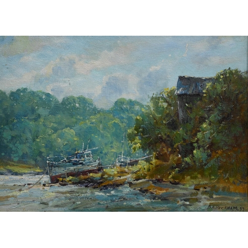 675 - B A Peckham (b 1945) - Banks of the Esk, Yorkshire, oil on board, signed lower right and dated '99, ... 