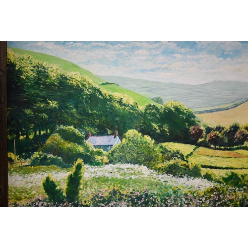 685 - Paul Adams - An extensive Dorset landscape, oil on board, signed lower left and dated '01, 89 x 121 ... 
