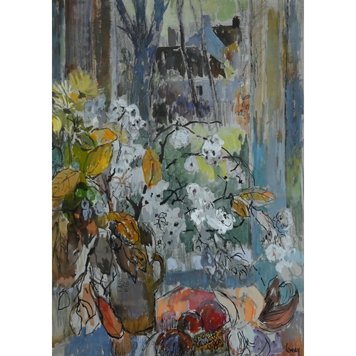 686 - John Livesey (1926-90) - Still life vase of flowers on a table before a window, gouache, signed lowe... 