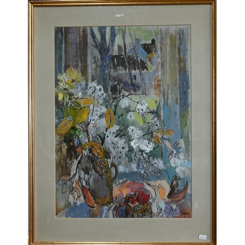 686 - John Livesey (1926-90) - Still life vase of flowers on a table before a window, gouache, signed lowe... 