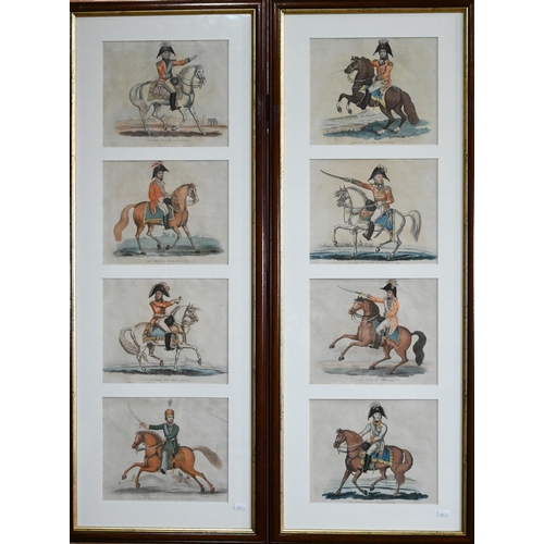 697 - Two framed sets of four 19th century hand-coloured prints of Lieutenant Generals on horseback, 104 x... 