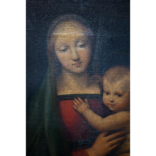 709 - 19th century after Raphael - Madonna and child, oil on canvas, 27 x 17 cm, with handwritten note to ... 