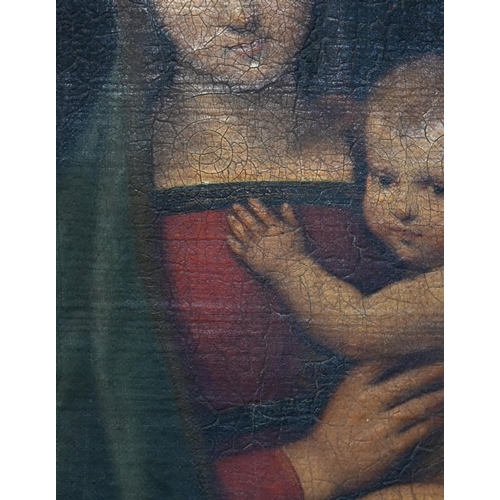 709 - 19th century after Raphael - Madonna and child, oil on canvas, 27 x 17 cm, with handwritten note to ... 