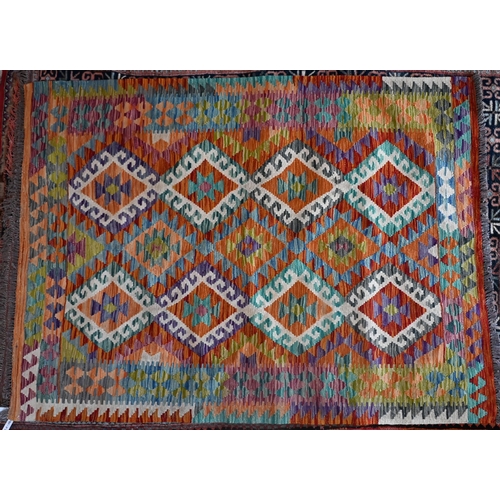 742 - A contemporary Anatolian kelim, with soft mult-coloured geometric lozenge design overall, 200 cm x 1... 