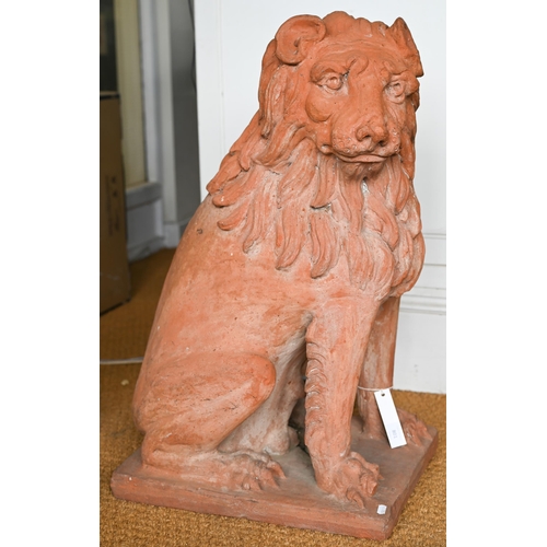 801 - An large terracotta seated lion of Italian origin, 20th century, raised on an integral plinth base, ... 