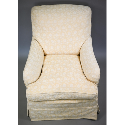 802 - A Howard style easy armchair, early 20th century, raised on short square section front legs to brass... 