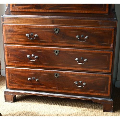 806 - A Victorian cross banded and inlaid bright mahogany chest on chest, the dentil moulded cornice over ... 