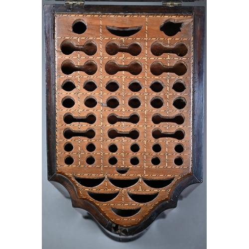 822 - A Victorian mahogany shell motif inlaid serpentine for slope top knife box, the interior retaining t... 