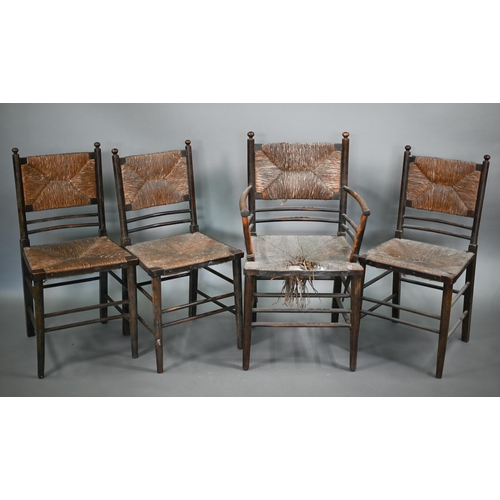 825 - Four Arts & Crafts Morris style Sussex stained ash chairs with rush seats, comprising an open ar... 