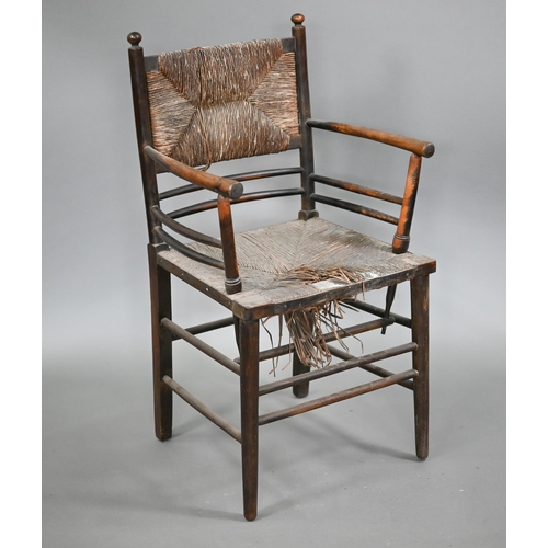 825 - Four Arts & Crafts Morris style Sussex stained ash chairs with rush seats, comprising an open ar... 