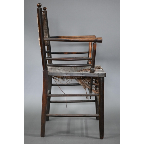 825 - Four Arts & Crafts Morris style Sussex stained ash chairs with rush seats, comprising an open ar... 