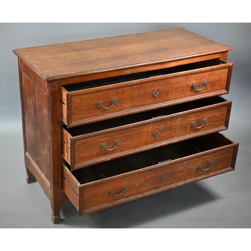 840 - A 19th century French oak three drawer commode chest, with brass fittings and raised on short fluted... 