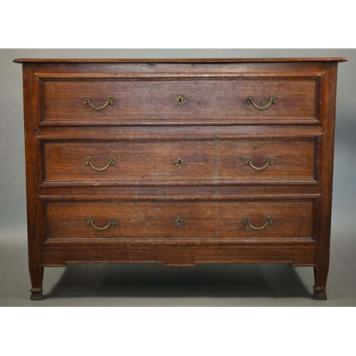 840 - A 19th century French oak three drawer commode chest, with brass fittings and raised on short fluted... 