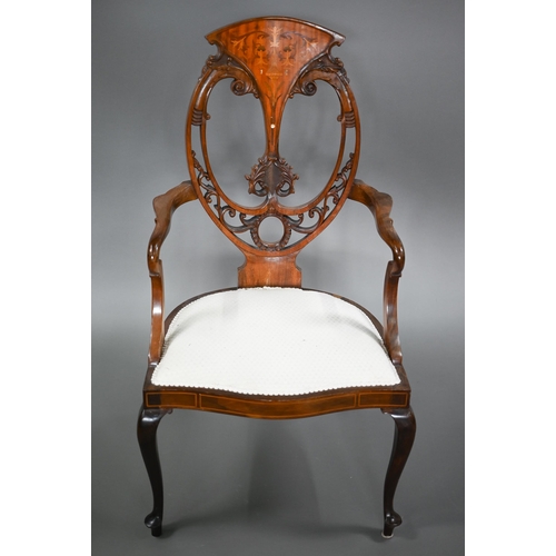 847 - An Art Nouveau Sheraton Revival inlaid red walnut salon elbow chair, with fabric panelled seat raise... 