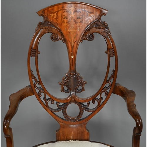 847 - An Art Nouveau Sheraton Revival inlaid red walnut salon elbow chair, with fabric panelled seat raise... 