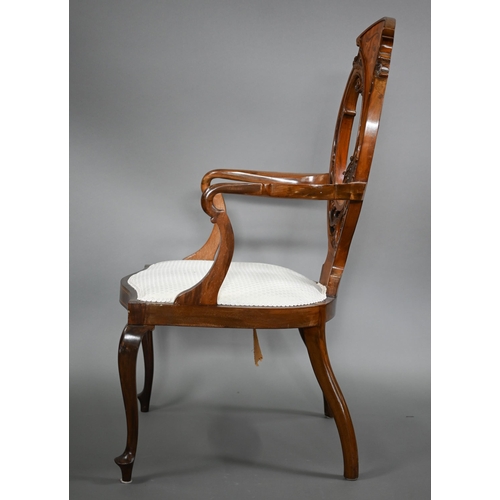 847 - An Art Nouveau Sheraton Revival inlaid red walnut salon elbow chair, with fabric panelled seat raise... 