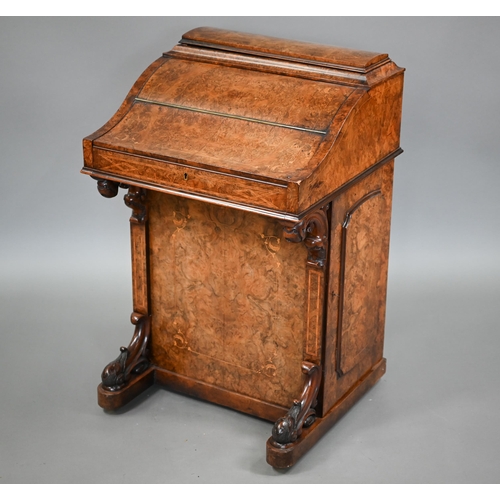 849 - A Victorian inlaid burr walnut piano top Davenport desk, the pop-up stationary compartment over a le... 