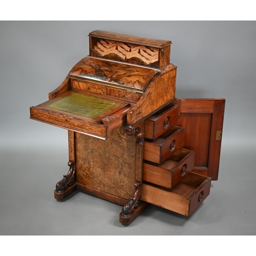 849 - A Victorian inlaid burr walnut piano top Davenport desk, the pop-up stationary compartment over a le... 