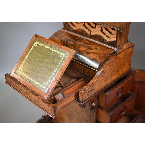 849 - A Victorian inlaid burr walnut piano top Davenport desk, the pop-up stationary compartment over a le... 