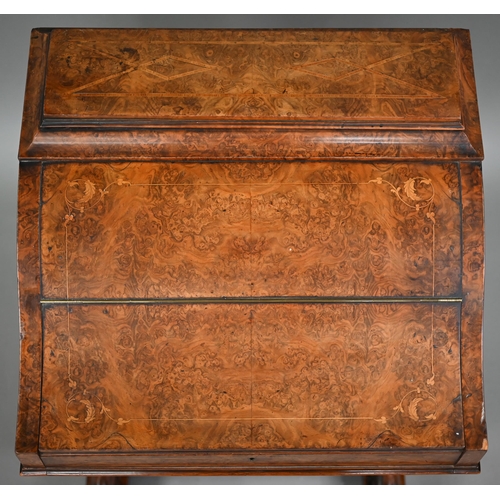 849 - A Victorian inlaid burr walnut piano top Davenport desk, the pop-up stationary compartment over a le... 