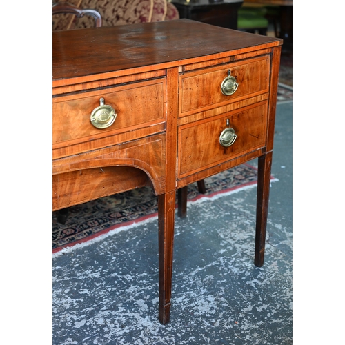 850 - A Georgian cross-banded and ebony line inlaid mahogany bow-fronted sideboard, centred by a pair of s... 