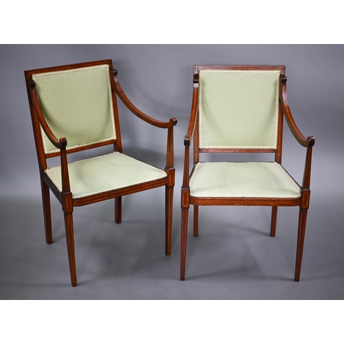 853 - A pair of Edwardian boxwood and ebony strung red walnut salon open armchairs, with green fabric back... 