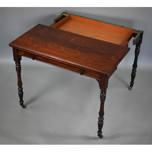 855 - G. Trollope & Sons, London, a rosewood card table, the rectangular fold over top enclosing a gre... 