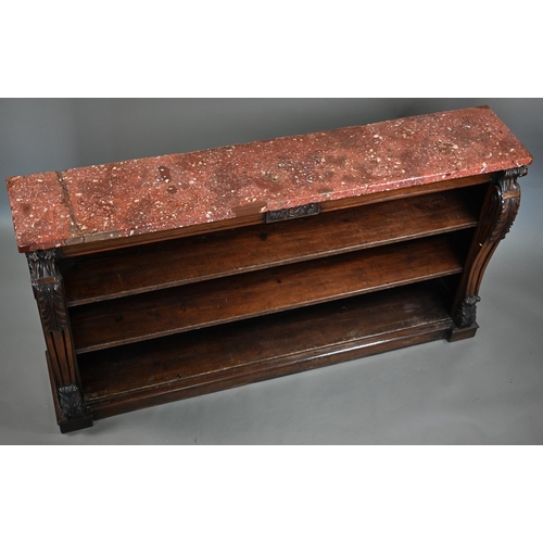 856 - A Victorian rosewood low open bookcase, with rouge marble top over two adjustable shelves, flanked b... 