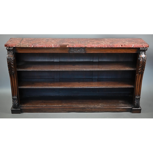 856 - A Victorian rosewood low open bookcase, with rouge marble top over two adjustable shelves, flanked b... 