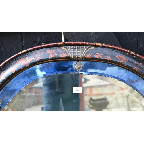 861 - A Chinoiserie decorated arched top over-mantel with blue glass bordered mirror, circa 1900, 150 cm x... 