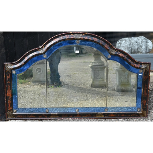 861 - A Chinoiserie decorated arched top over-mantel with blue glass bordered mirror, circa 1900, 150 cm x... 