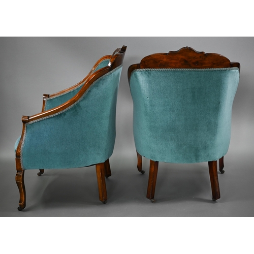 870 - A pair of Sheraton Revival inlaid walnut salon chairs, with teal fabric back and overstuffed seats a... 