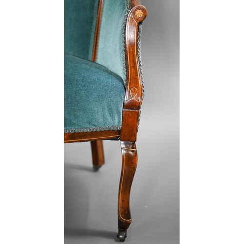 870 - A pair of Sheraton Revival inlaid walnut salon chairs, with teal fabric back and overstuffed seats a... 