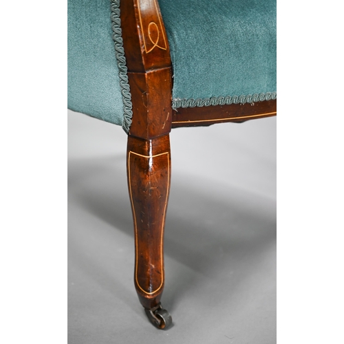 870 - A pair of Sheraton Revival inlaid walnut salon chairs, with teal fabric back and overstuffed seats a... 