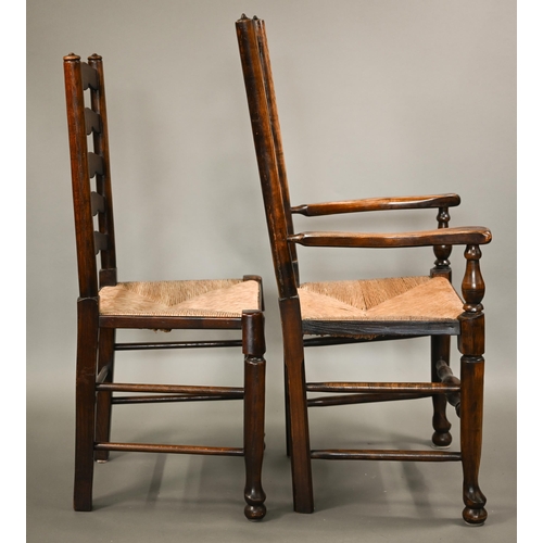 871 - A close set of eight traditional Lancashire ash framed rope seat wavy ladderback dining chairs, comp... 