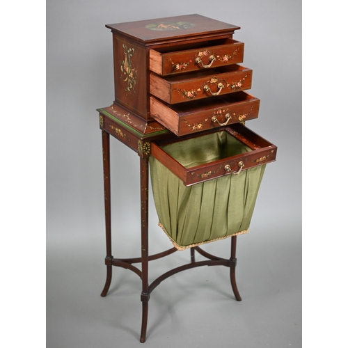 873 - An antique Sheraton Revival polychrome decorated satinwood work stand, with three graduated drawers ... 