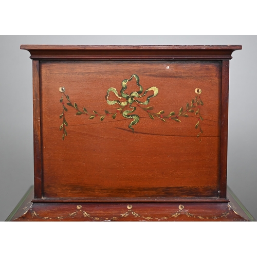 873 - An antique Sheraton Revival polychrome decorated satinwood work stand, with three graduated drawers ... 