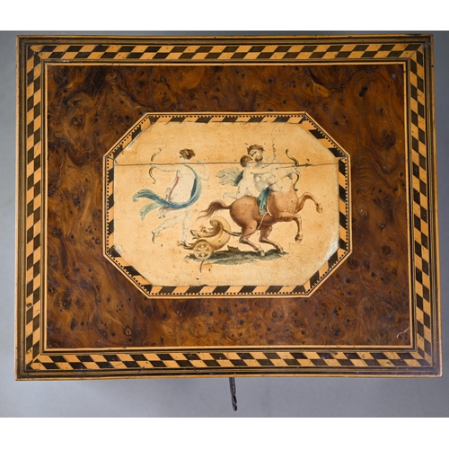 875 - A 19th century continental inlaid and transfer print decorated burr yew work box, the interior with ... 