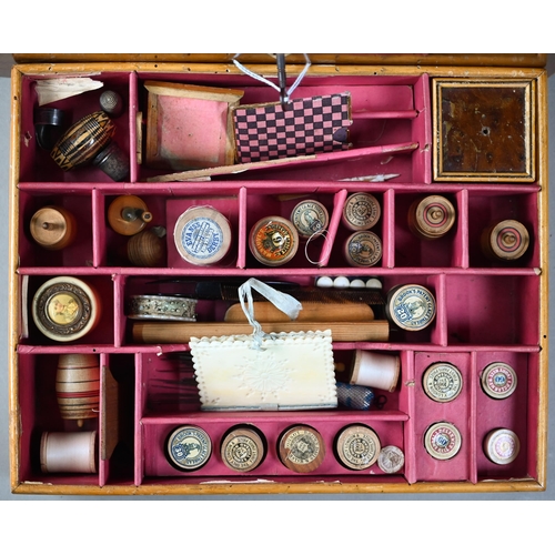 875 - A 19th century continental inlaid and transfer print decorated burr yew work box, the interior with ... 