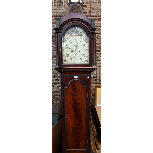 889 - A Georgian flame mahogany longcase clock, the 8-day movement with painted arched dial having subsidi... 