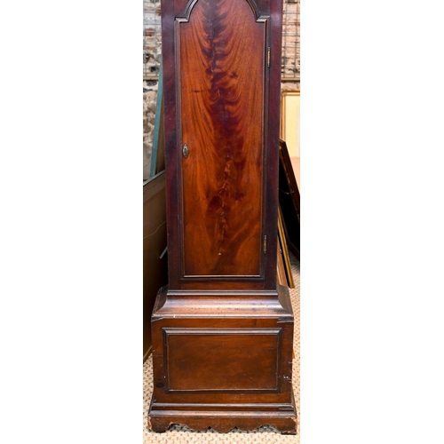 889 - A Georgian flame mahogany longcase clock, the 8-day movement with painted arched dial having subsidi... 