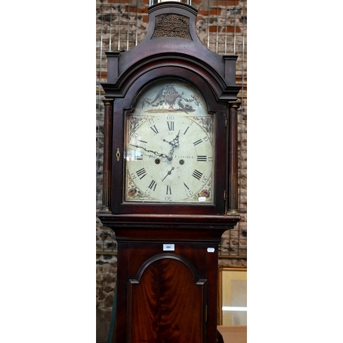 889 - A Georgian flame mahogany longcase clock, the 8-day movement with painted arched dial having subsidi... 