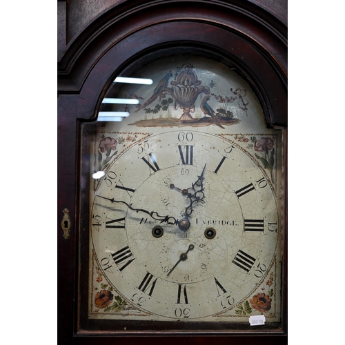 889 - A Georgian flame mahogany longcase clock, the 8-day movement with painted arched dial having subsidi... 