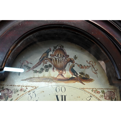 889 - A Georgian flame mahogany longcase clock, the 8-day movement with painted arched dial having subsidi... 