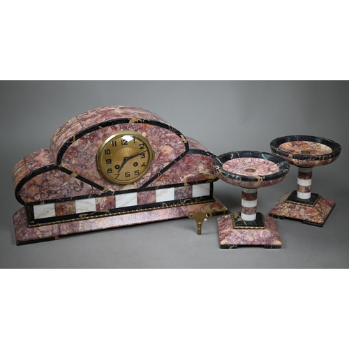 892 - A French Art Deco gilt metal and marble 8-day three piece clock garniture, the clock 24 cm h