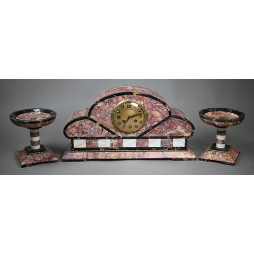 892 - A French Art Deco gilt metal and marble 8-day three piece clock garniture, the clock 24 cm h