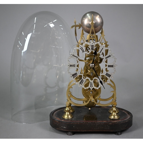 894 - A brass skeleton clock, the single fusee movement with silvered dial raised on an ebonised plinth un... 