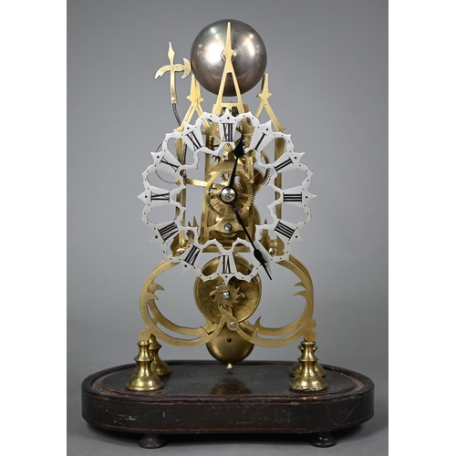 894 - A brass skeleton clock, the single fusee movement with silvered dial raised on an ebonised plinth un... 